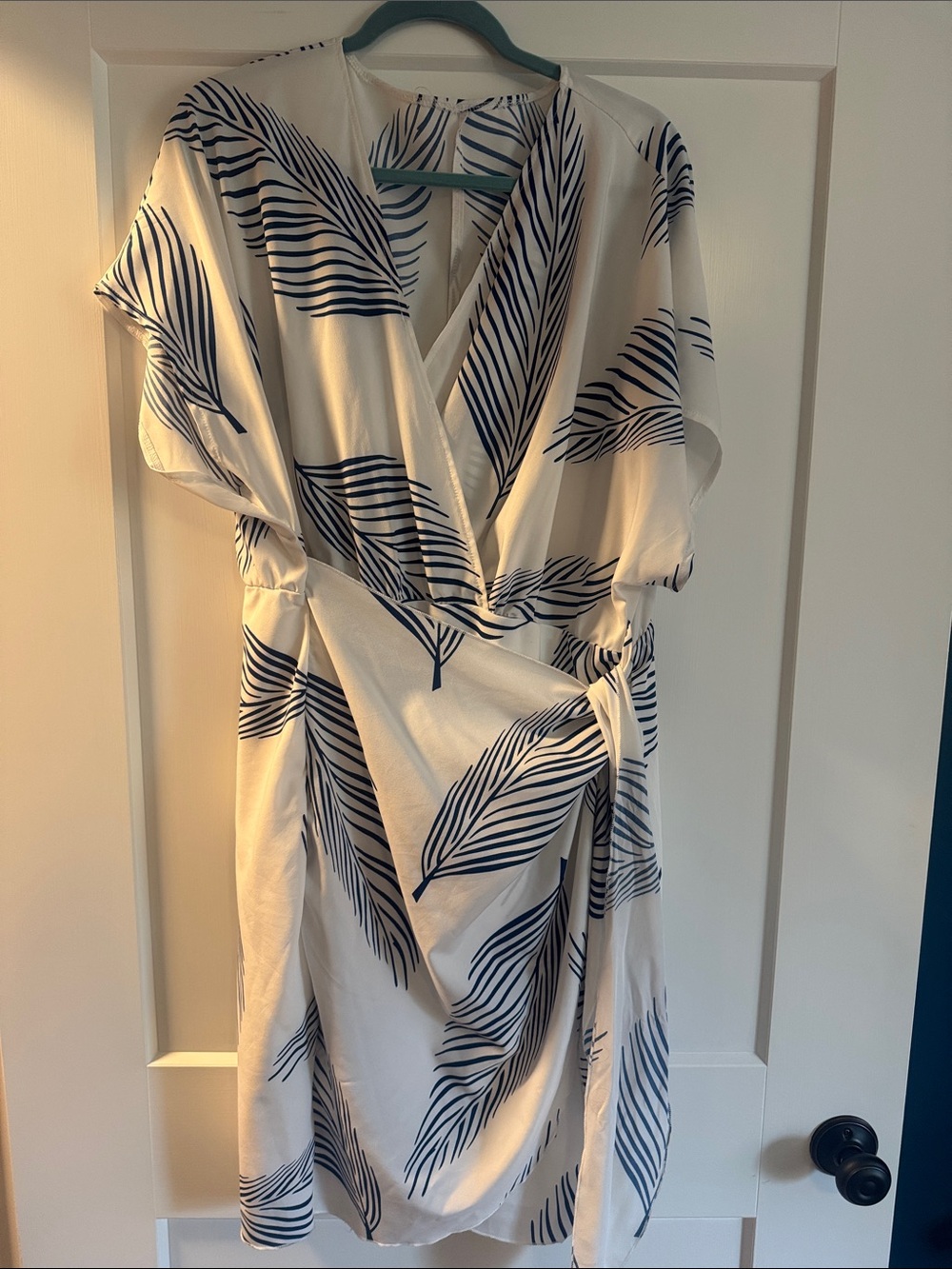 White and Navy Leaf-Print Wrap Dress